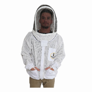 adult wearing beekeeping jacket with fencing veil