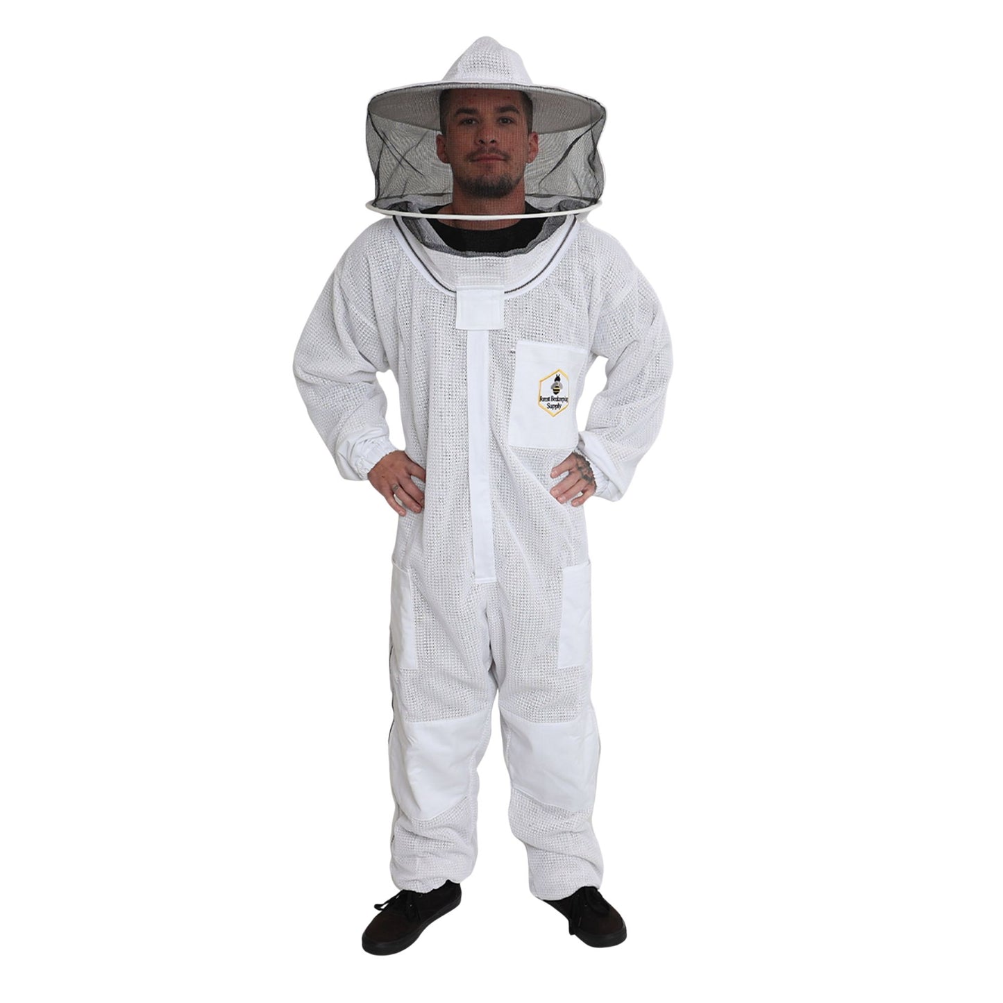 adult wearing beekeeping suit with round hood