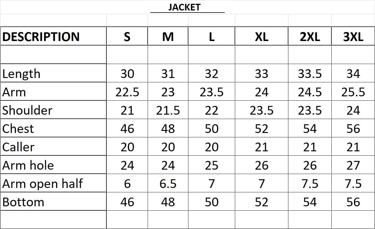 size chart of beekeeping jacket