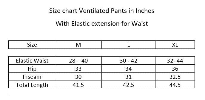 size chart of ventilated pants