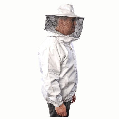 Lightweight cotton bee jacket with round hood for safe hive inspections