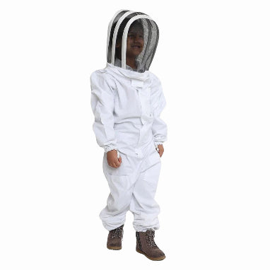 kid wearing white beekeeping suit with fencing veil