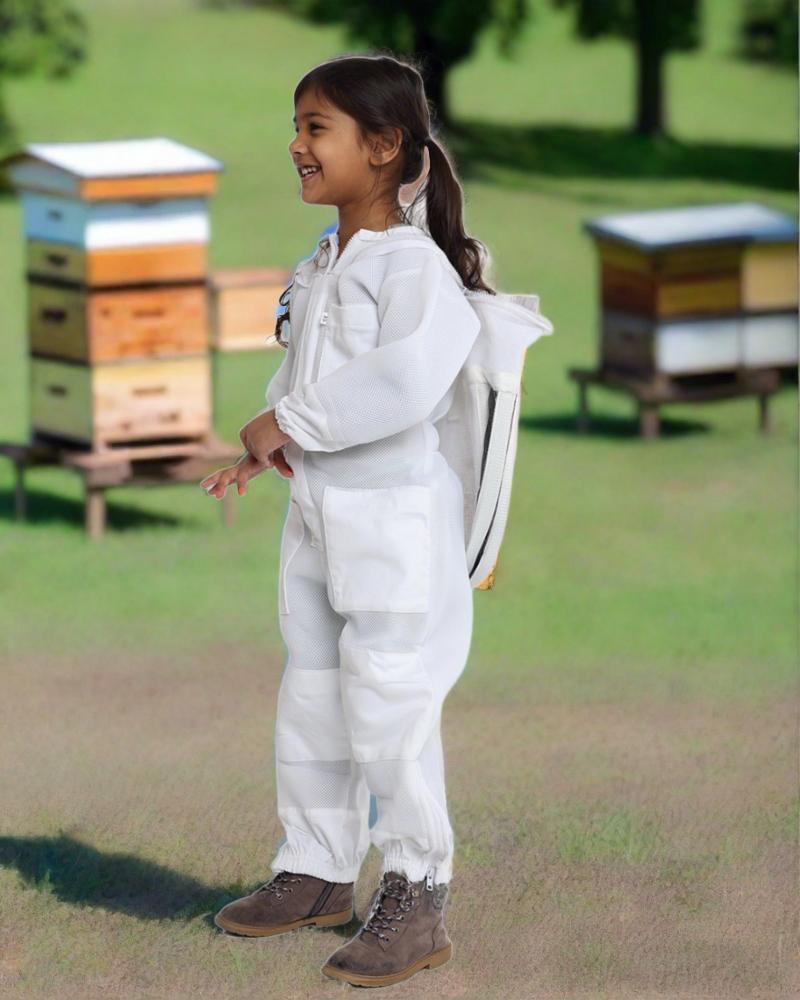 Forest Beekeeping Supply kids’ ventilated beekeeping suit with a protective veil. The suit features ventilated  fabric for comfort and airflow, designed to keep young beekeepers cool while providing full protection