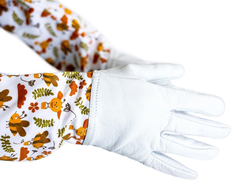 Kids beekeeping gloves, leather beekeeping gloves, floral honey bee printed sleeve, children's beekeeping gloves, protective bee gloves, honey bee design gloves, beekeeping gear for kids, durable beekeeping gloves, printed sleeve gloves, child-friendly beekeeping gloves