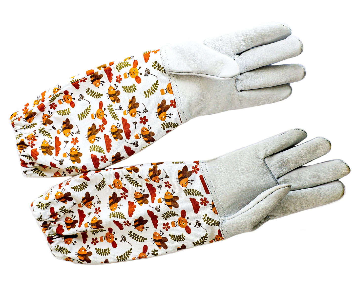 Kids beekeeping gloves, leather beekeeping gloves, floral honey bee printed sleeve, children's beekeeping gloves, protective bee gloves, honey bee design gloves, beekeeping gear for kids, durable beekeeping gloves, printed sleeve gloves, child-friendly beekeeping gloves
