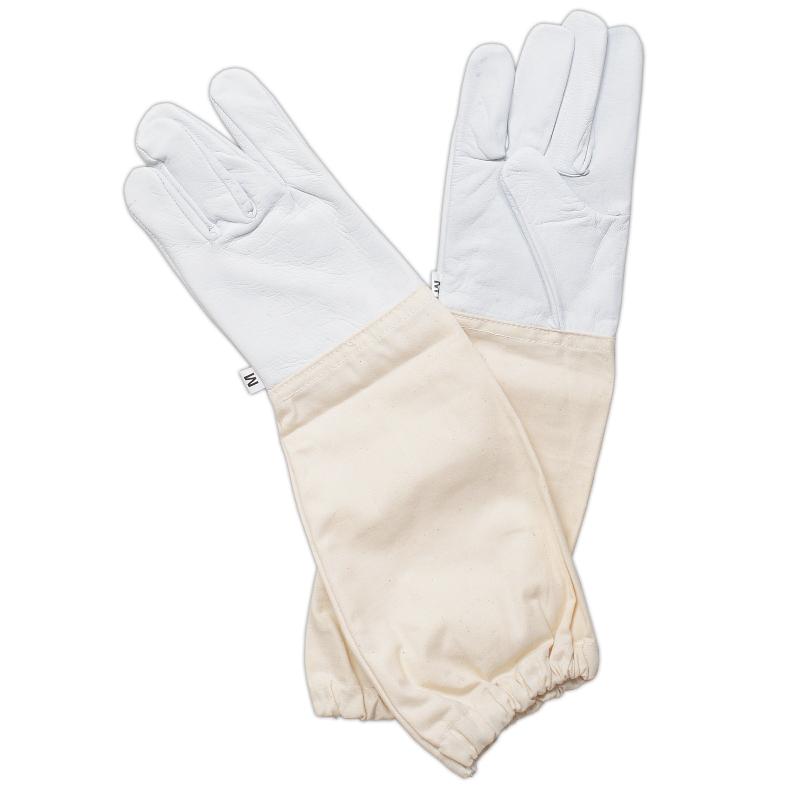 Children’s beekeeper’s gloves made of goatskin leather with a long canvas sleeve and elastic cuff. Designed for durability and protection, these gloves offer full coverage and a secure fit for young beekeepers