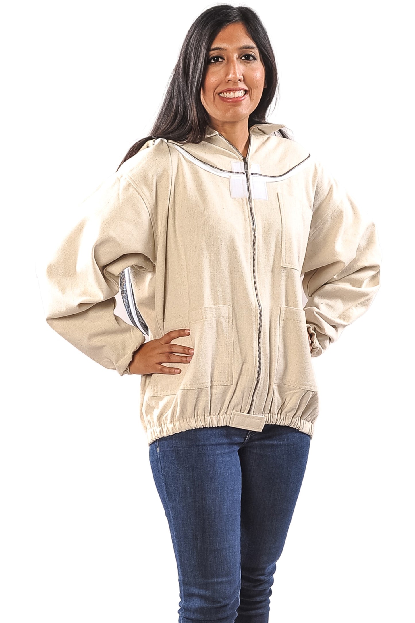 women is wearing beekeeping canvas jacket