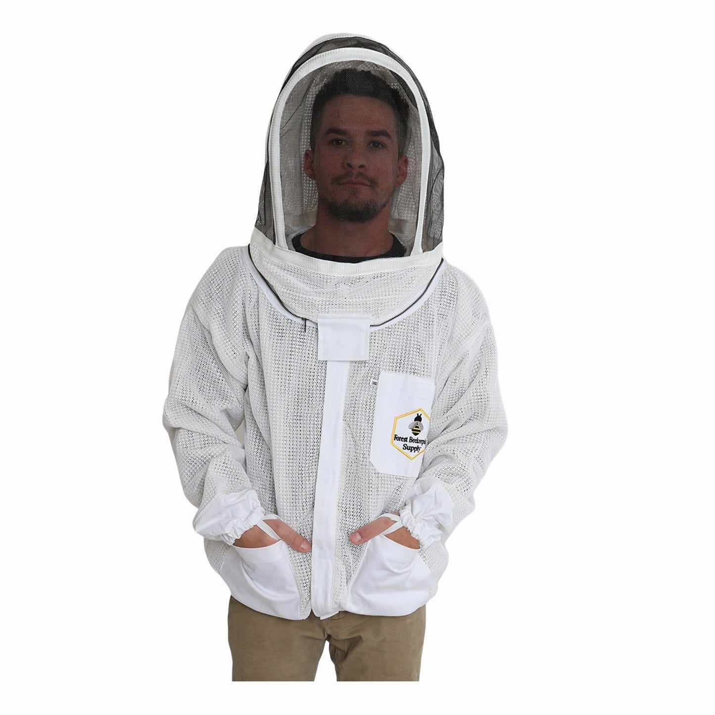 adult wearing beekeeping jacket with fencing veil