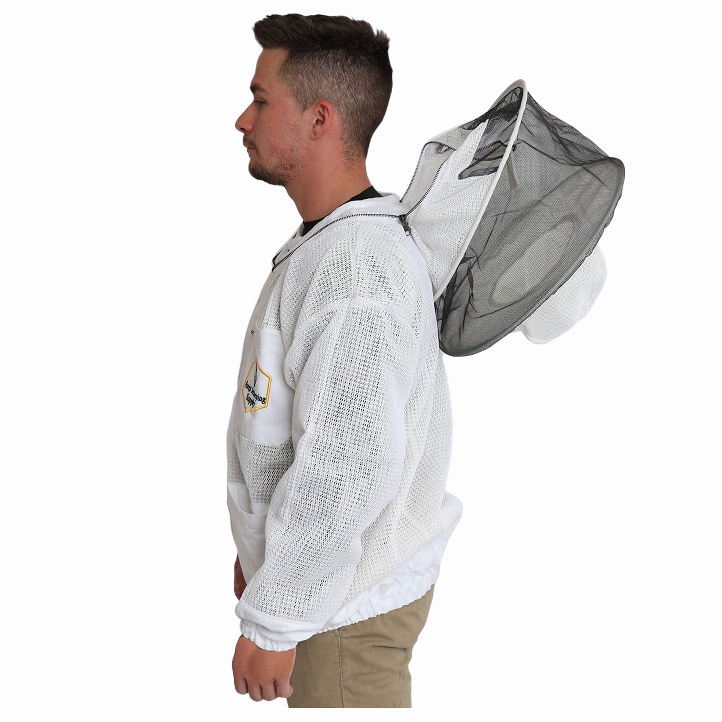 adult wearing beekeeping jacket with round hood