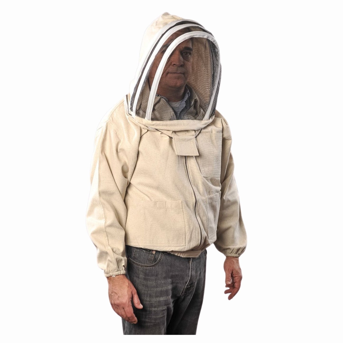 Adult wearing beekeeping canvas jacket