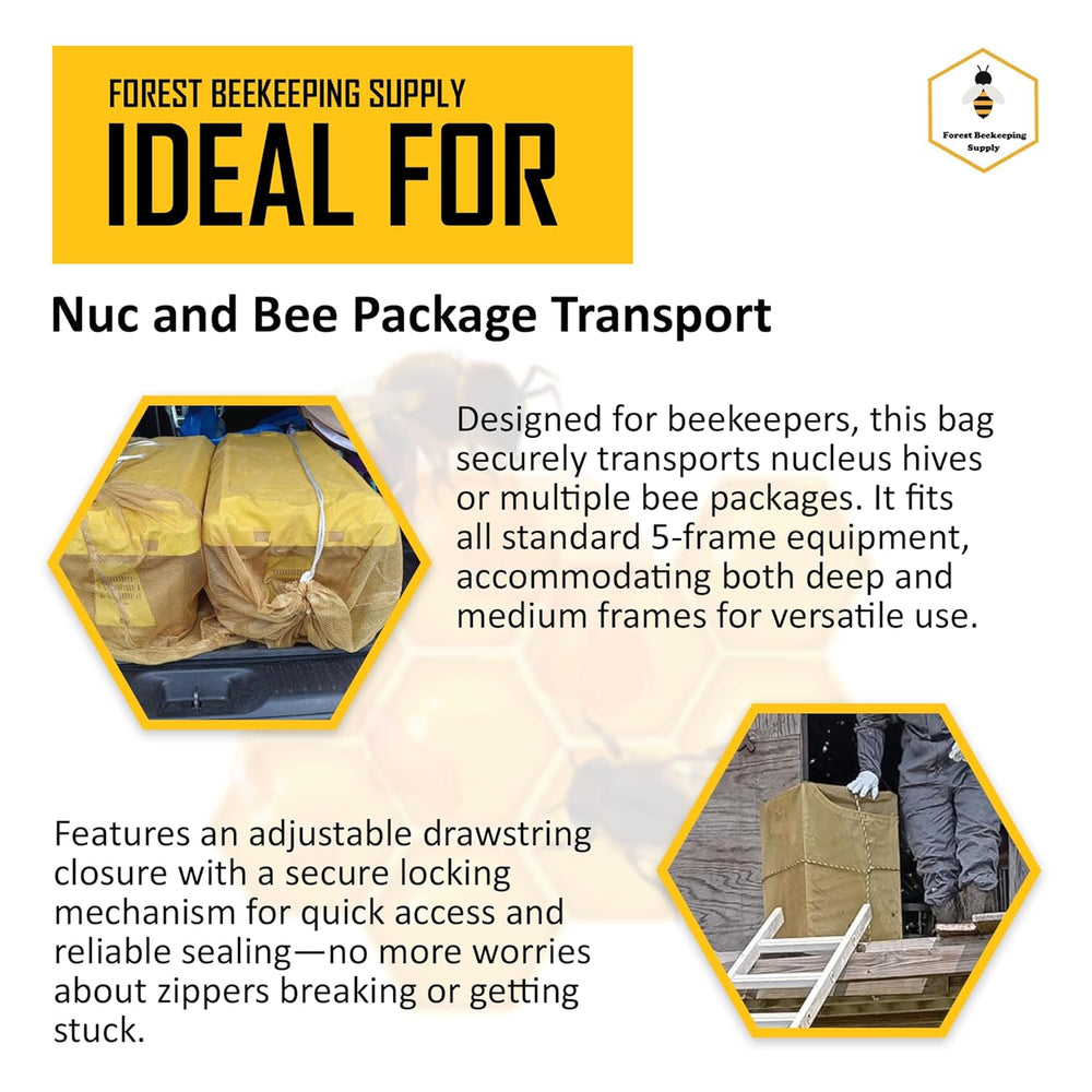 
                  
                    Load image into Gallery viewer, Forest Beekeeping Supply hive nuc package bee mesh transport bag. The bag is made from durable mesh material, designed for safe and breathable transport of bee nucs while allowing for ventilation and protection during handling
                  
                