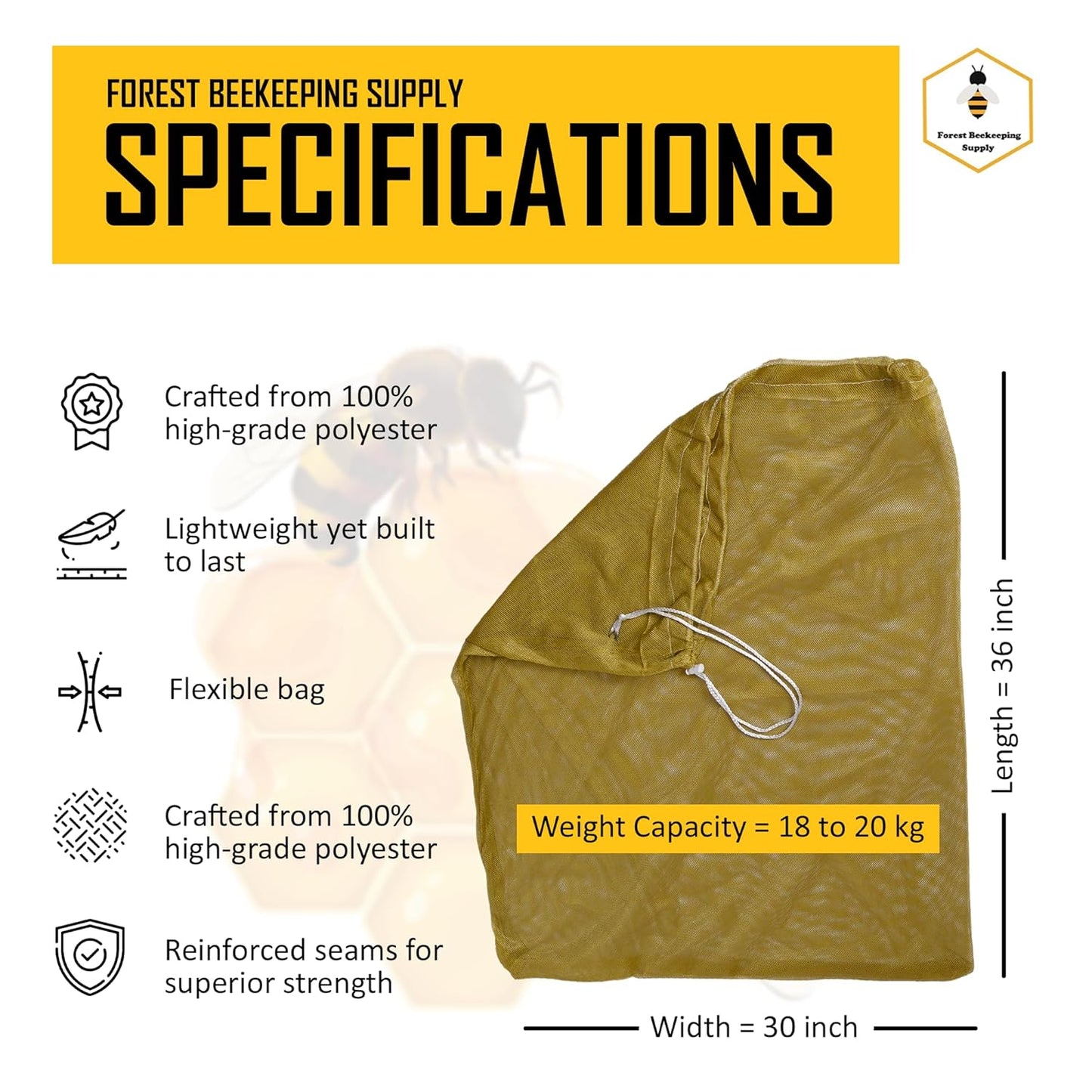
                  
                    Forest Beekeeping Supply hive nuc package bee mesh transport bag. The bag is made from durable mesh material, designed for safe and breathable transport of bee nucs while allowing for ventilation and protection during handling
                  
                