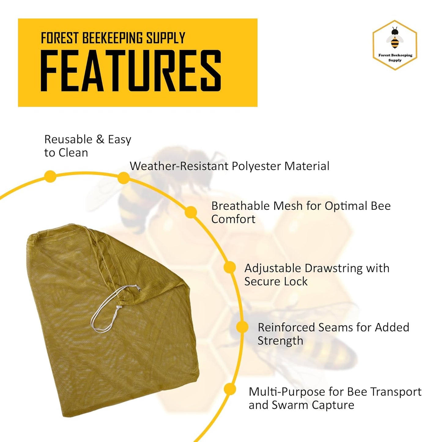 
                  
                    Forest Beekeeping Supply hive nuc package bee mesh transport bag. The bag is made from durable mesh material, designed for safe and breathable transport of bee nucs while allowing for ventilation and protection during handling
                  
                