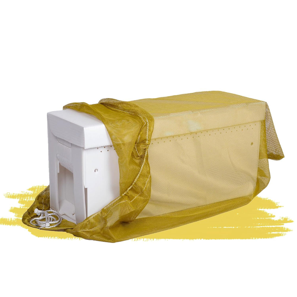 Forest Beekeeping Supply hive nuc package bee mesh transport bag. The bag is made from durable mesh material, designed for safe and breathable transport of bee nucs while allowing for ventilation and protection during handling