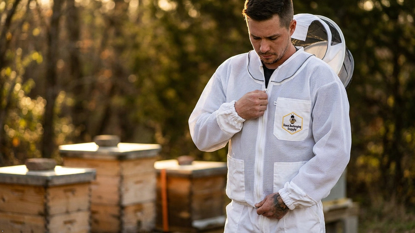 A man wearing a ventilated beekeeping  jacket with a round veil stands outdoors in front of beehives, adjusting the front zipper of the suit
