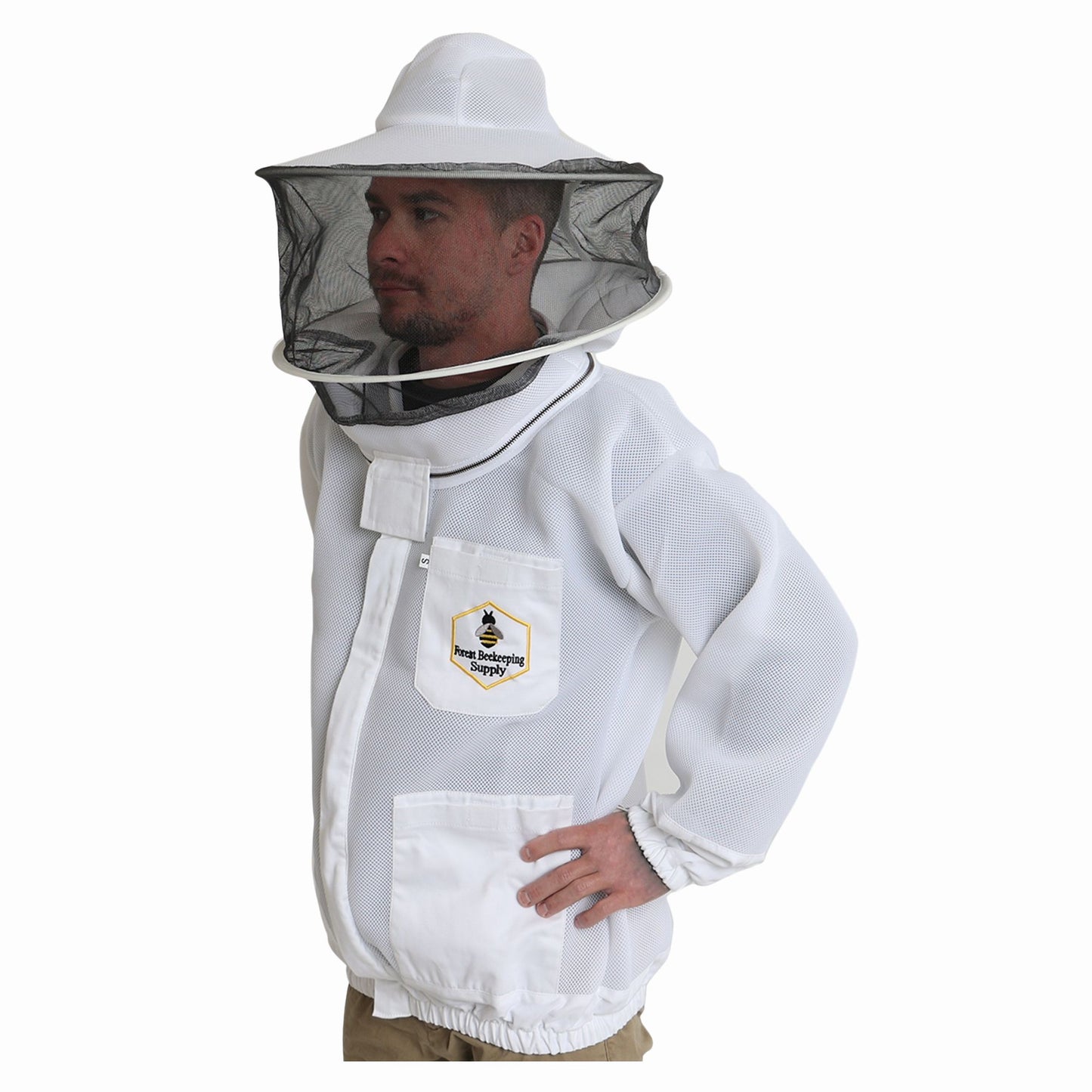 adult wearing beekeeping ventilated suit with round veil