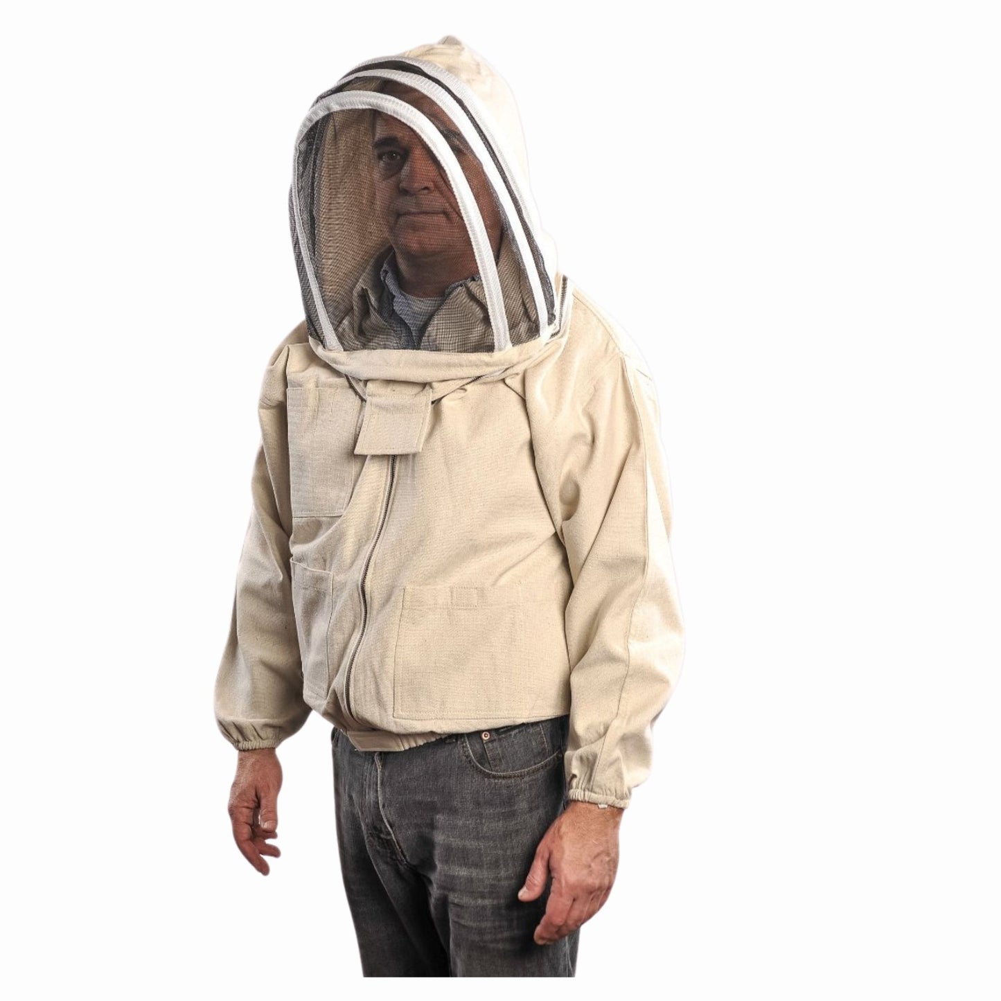 adult wearing beekeeping canvas jacket fencing hood