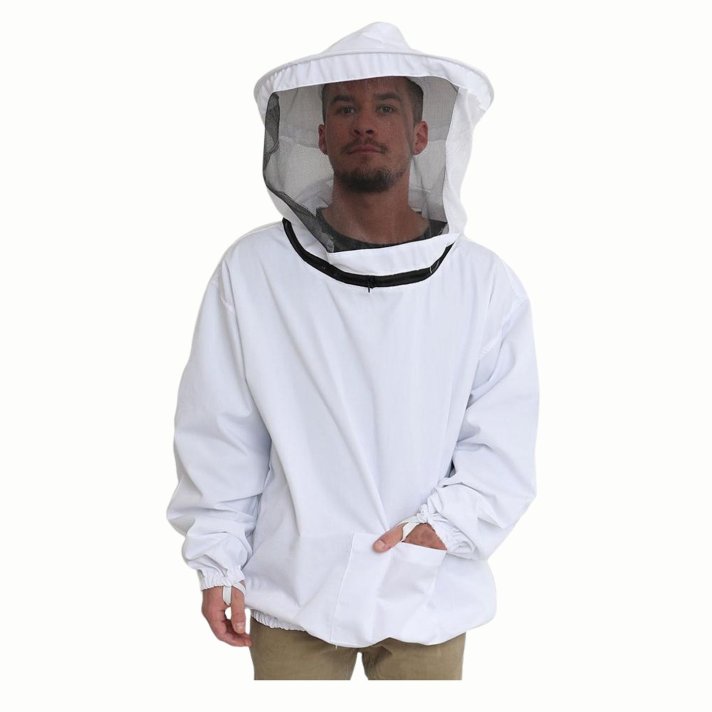Forest Beekeeping Supply beekeeper pull-over smock jacket with a veil. The smock features a lightweight, breathable fabric for comfort, and includes a full-length veil for face and neck protection while beekeeping