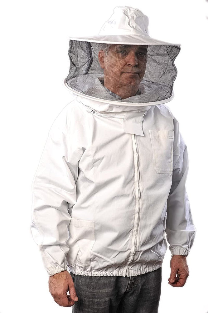 Forest Beekeeping premium breathable cotton beekeeping jacket featuring a round veil hood. The jacket is designed for comfort and protection with its lightweight, breathable fabric and secure veil for full-face coverage