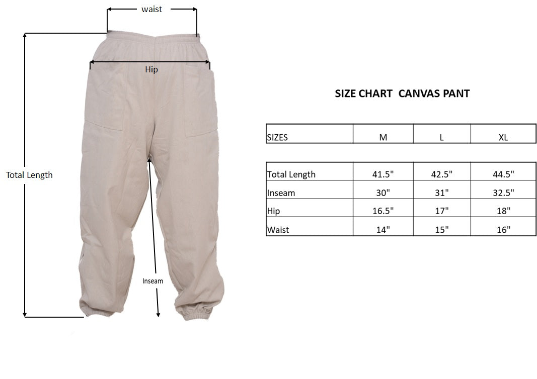 size chart of canvas beekeeping pants