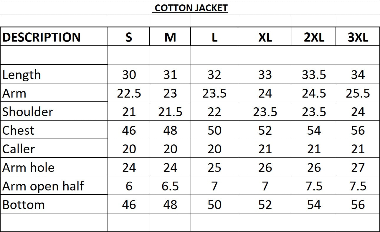 size chart of cotton jacket